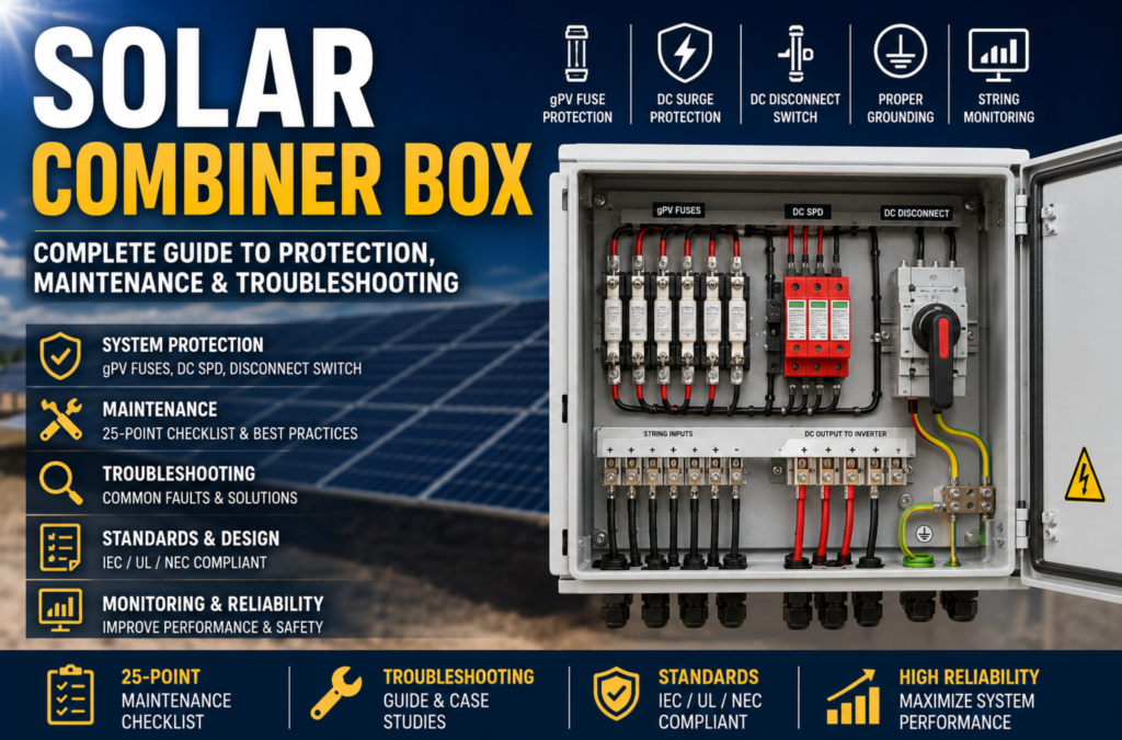 Solar combiner box with gPV fuses, DC surge protective devices, disconnect switch, and maintenance guide for photovoltaic system protection