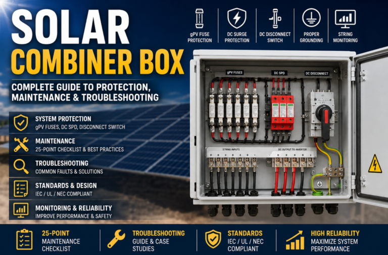 Solar combiner box with gPV fuses, DC surge protective devices, disconnect switch, and maintenance guide for photovoltaic system protection