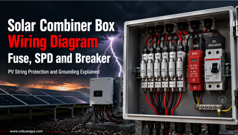 Solar Combiner Box Wiring Diagram showing DC fuses, SPD, breaker and grounding for PV string protection