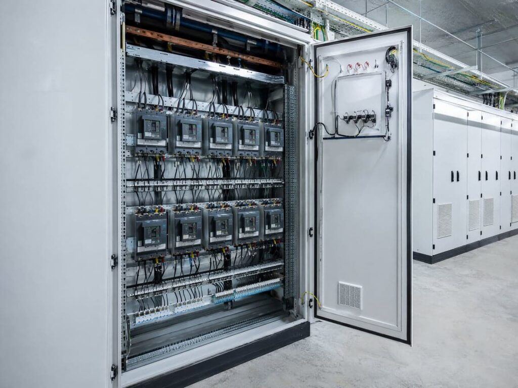 AC grid connection cabinet with motorized circuit breakers in a solar plant electrical room