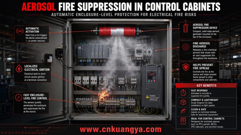 Aerosol fire suppression activating inside an industrial control cabinet