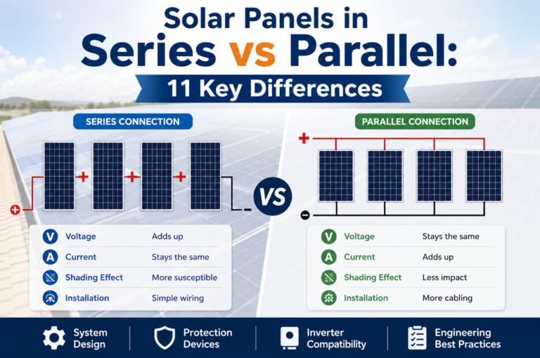 Solar panels in series vs parallel wiring comparison showing voltage, current, shading effect, and installation differences