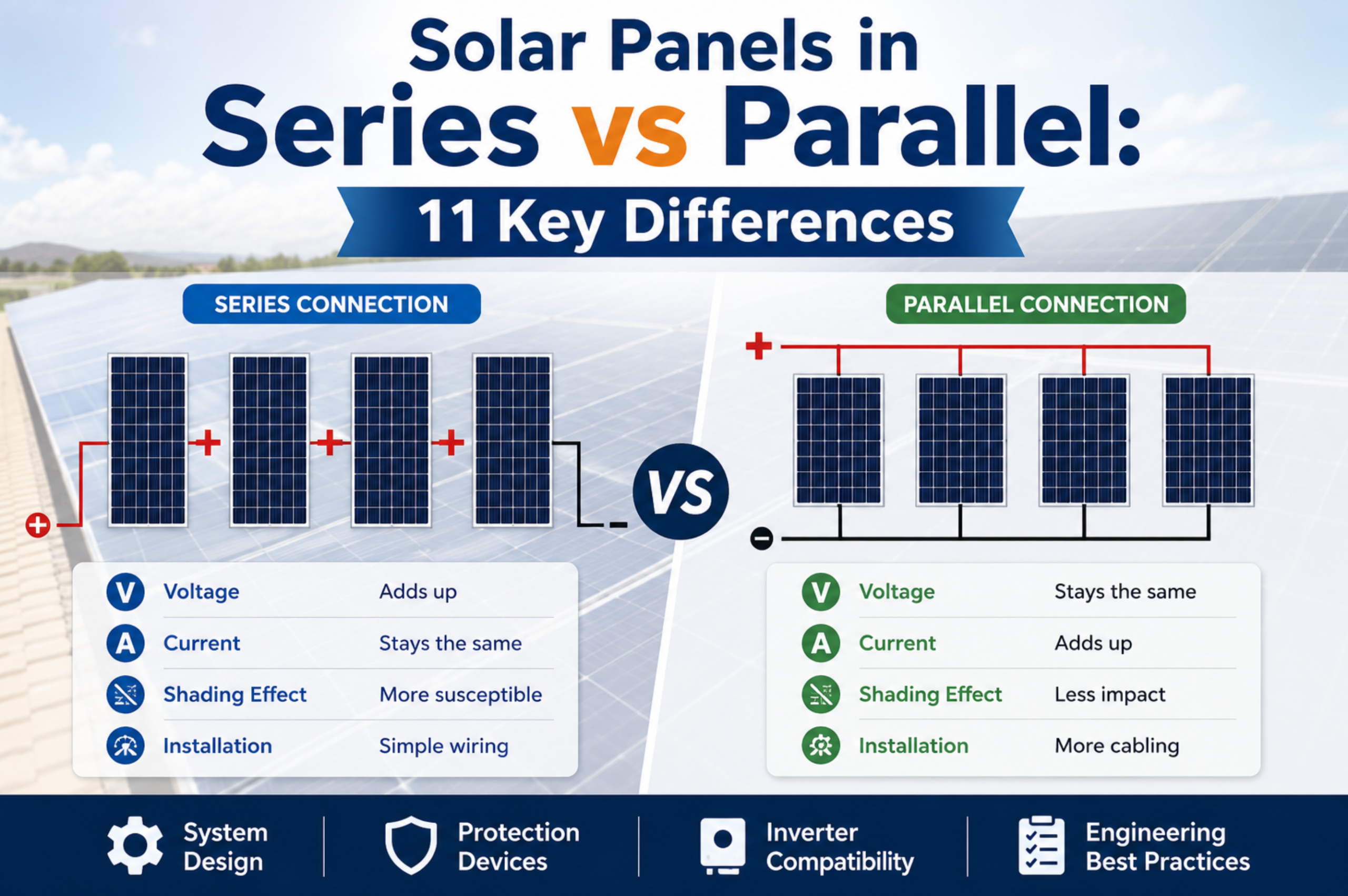 Solar panels in series vs parallel wiring comparison showing voltage, current, shading effect, and installation differences