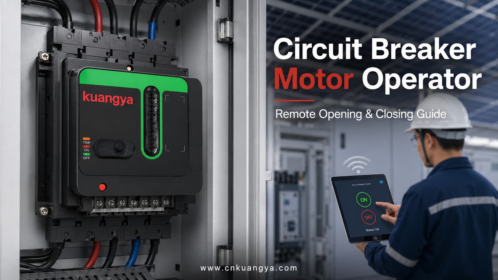 Circuit breaker motor operator installed in a photovoltaic distribution cabinet for remote opening and closing