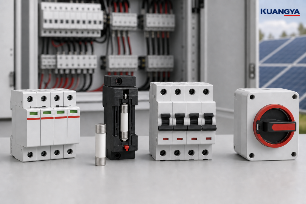 Kuangya solar DC protection components including DC SPD, PV fuse, circuit breaker and disconnector
