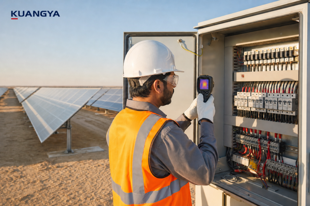 Kuangya engineer inspecting solar DC protection equipment at a Middle East desert PV project