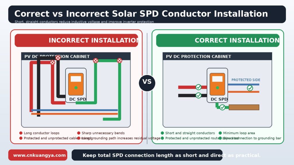 Correct solar SPD installation using short conductors compared with long looped wiring