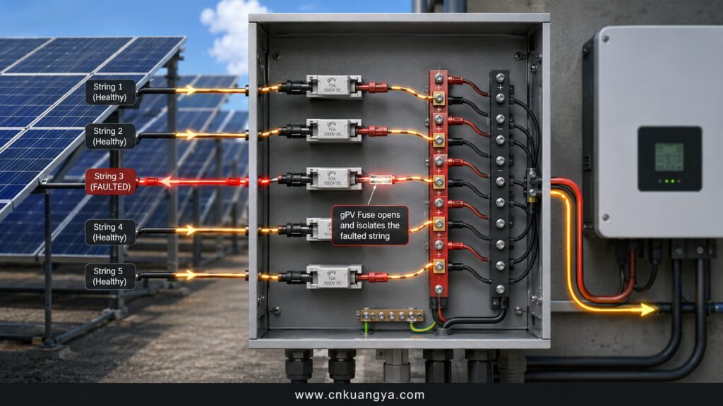 gPV fuse protecting a solar inverter circuit from reverse current in parallel PV strings
