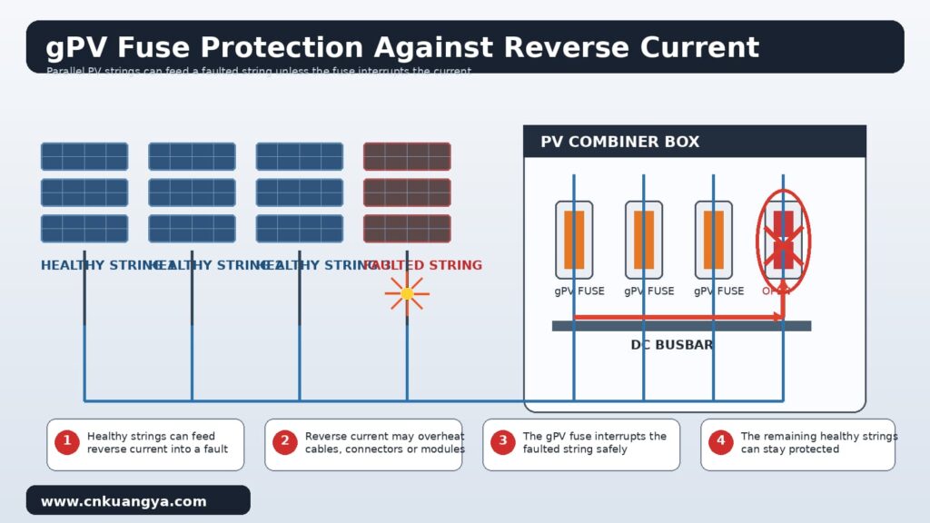gPV fuse interrupting reverse current from parallel solar strings before cable overheating occurs