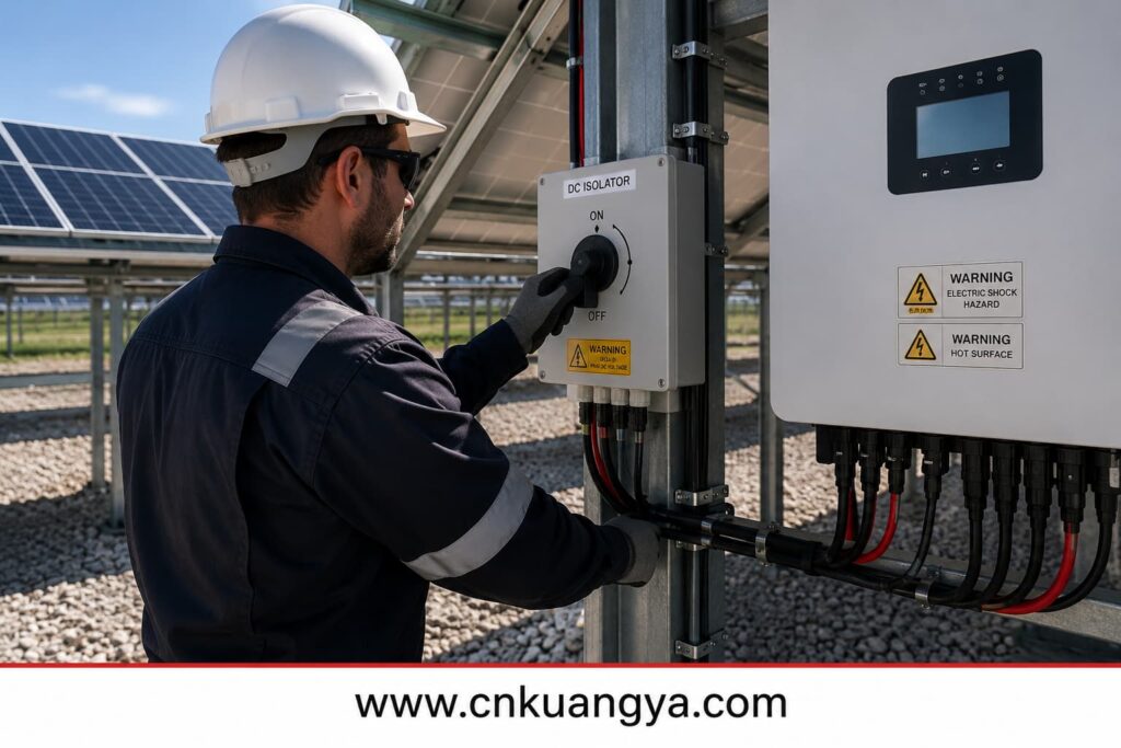 Solar engineer operating a DC isolator for safe PV array maintenance