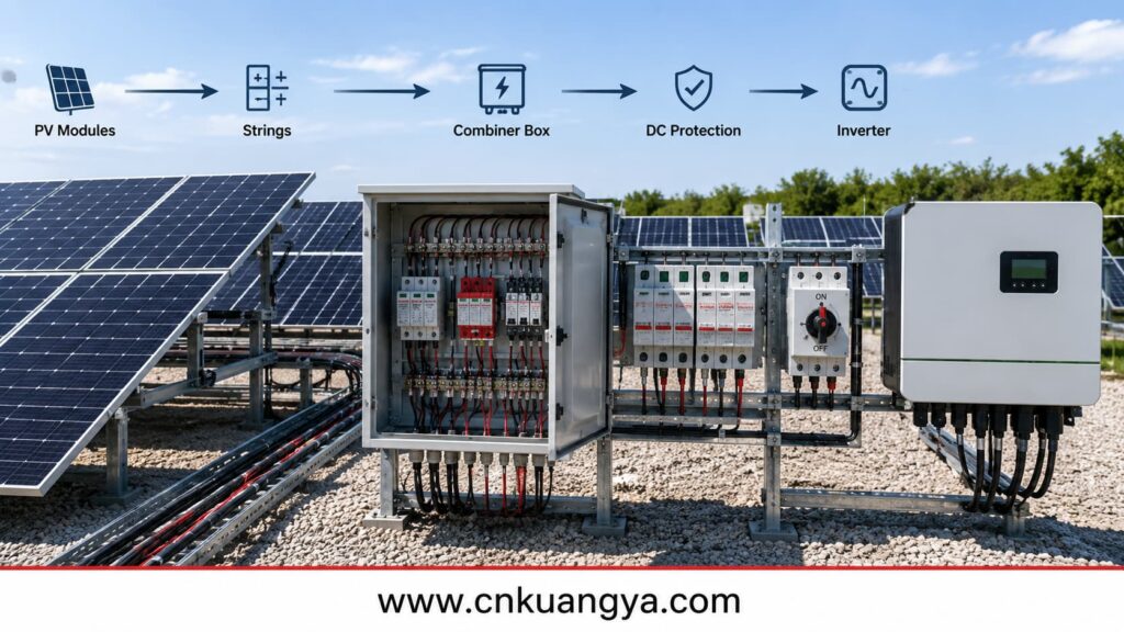 IEC 62548 scope covering PV modules, strings, DC wiring, protection and inverter connection