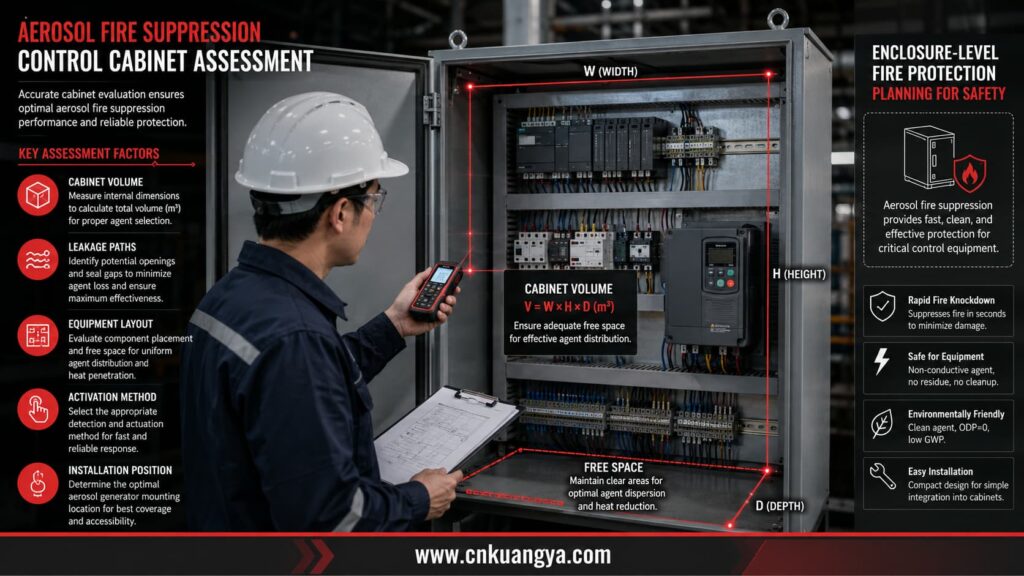 Engineer measuring control cabinet volume for aerosol system selection