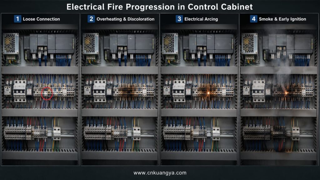 Loose terminal overheating and electrical arcing inside an industrial control cabinet