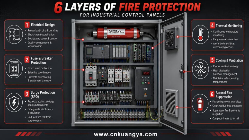 Layered fire protection system using SPD, fuses, monitoring and aerosol suppression