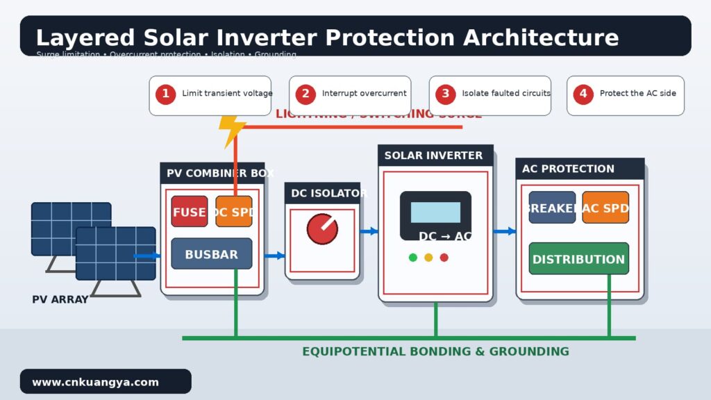 Layered solar inverter protection architecture with DC SPD, gPV fuse, isolator and AC SPD