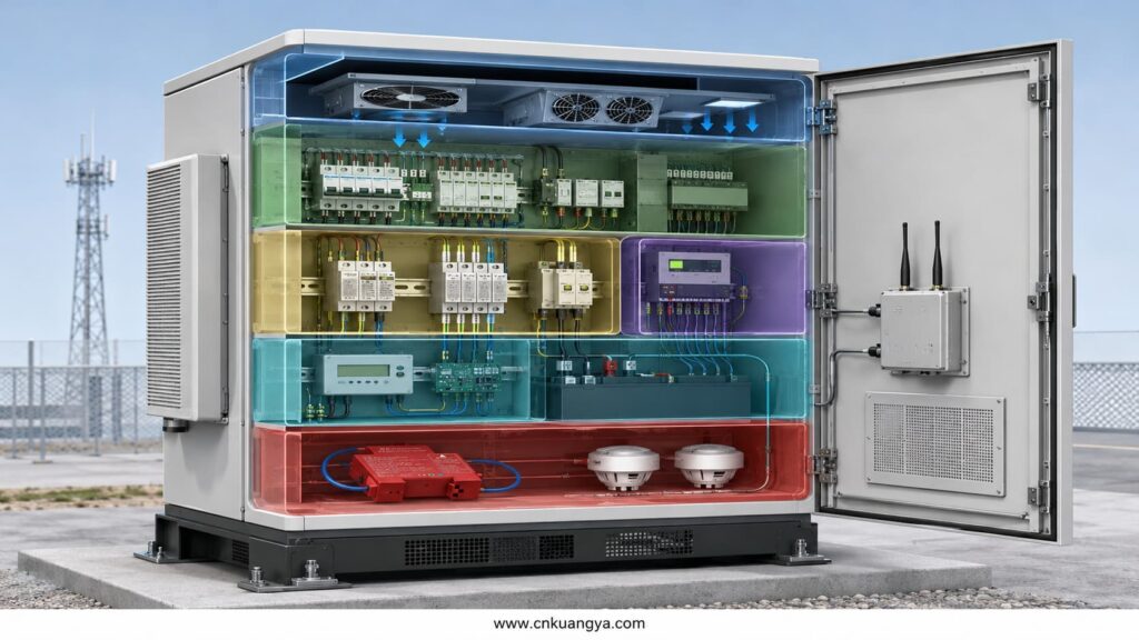 Layered Telecom Cabinet Fire Protection system with SPD, fuse, monitoring and suppression