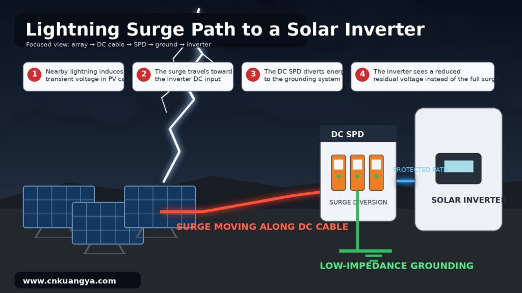 Lightning-induced surge entering a solar inverter through PV cables and being diverted by a DC SPD