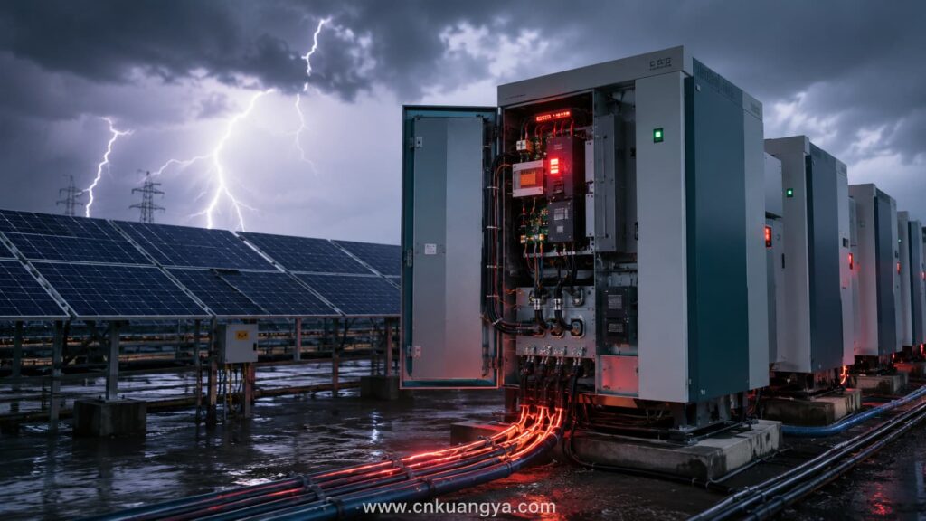 Lightning and electrical surge paths entering a solar inverter through DC, AC and communication cables