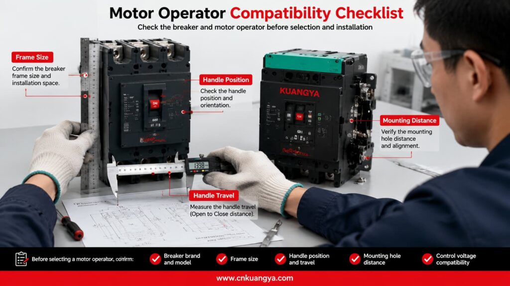 Engineer checking circuit breaker frame size and handle travel for motor operator compatibility