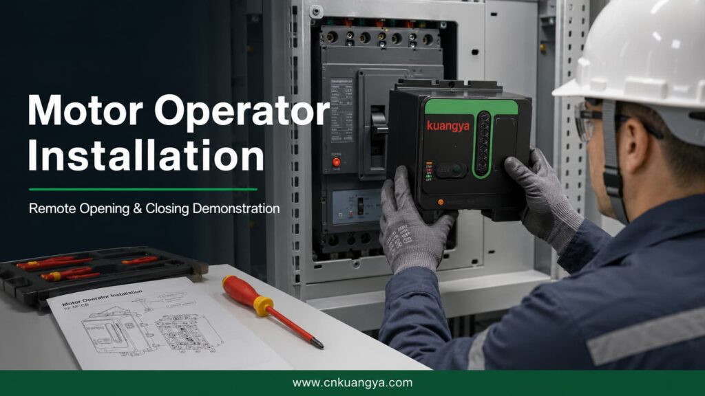 Technician installing a KUANGYA motor operator on a molded case circuit breaker