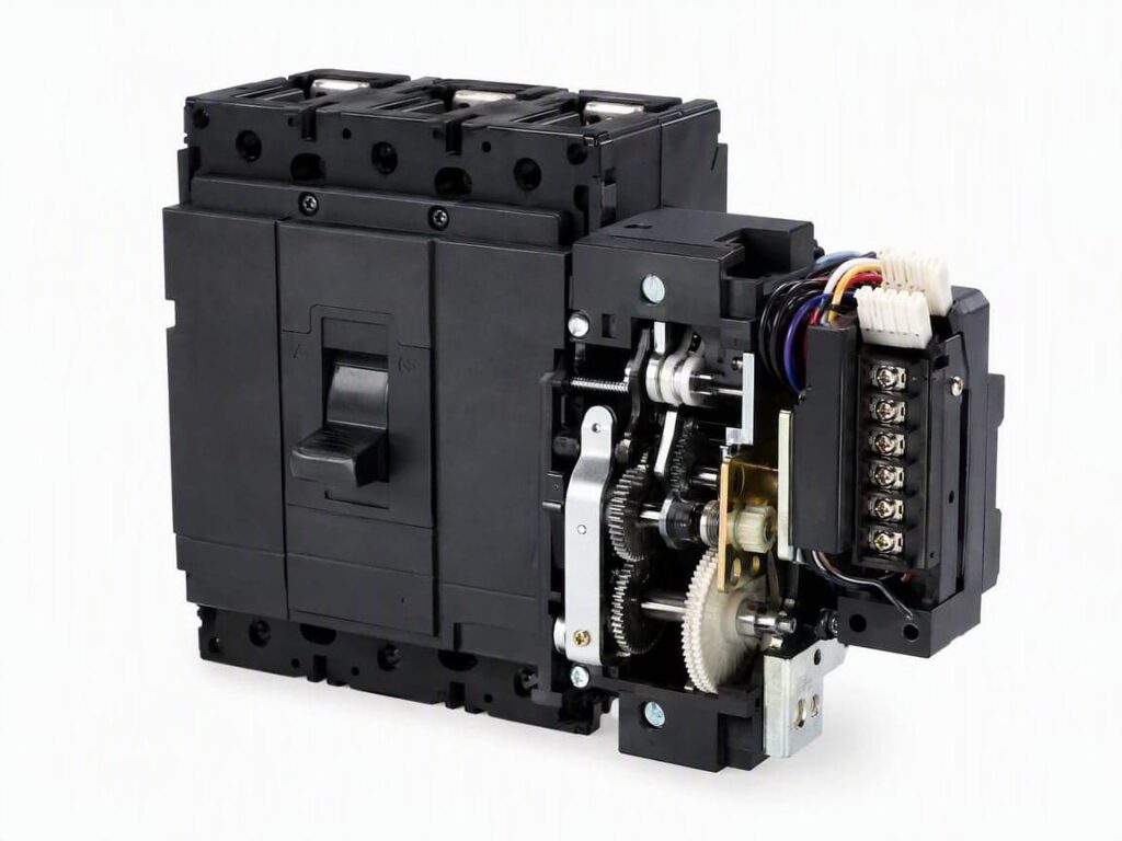 Motorized circuit breaker assembly showing motor operator, gears, linkage, and auxiliary contacts