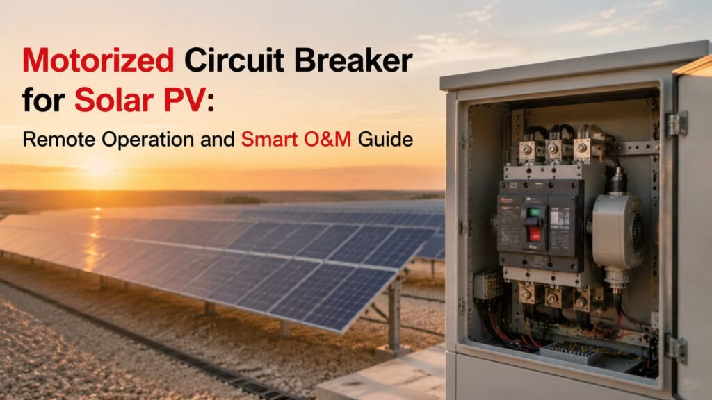 Motorized circuit breaker installed in a solar PV distribution cabinet at a utility-scale solar farm