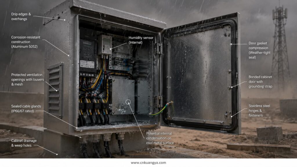 Outdoor cabinet fire protection against rain, dust, condensation and cable-entry failure