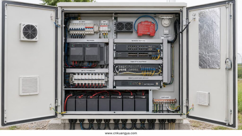 Outdoor telecom cabinet containing rectifiers, batteries, SPD, cooling and communication equipment