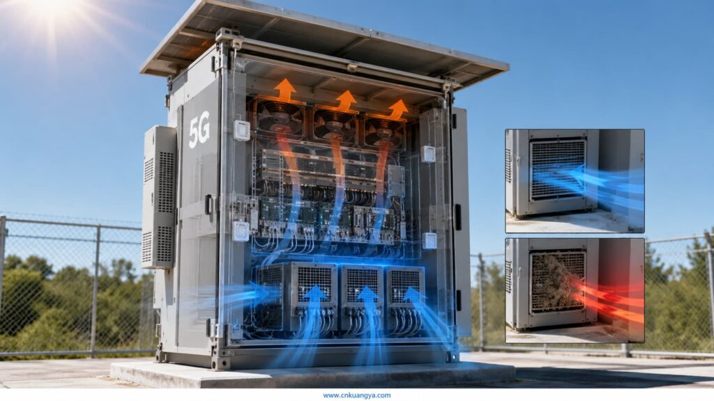Outdoor telecom cabinet thermal management with filtered airflow and temperature monitoring