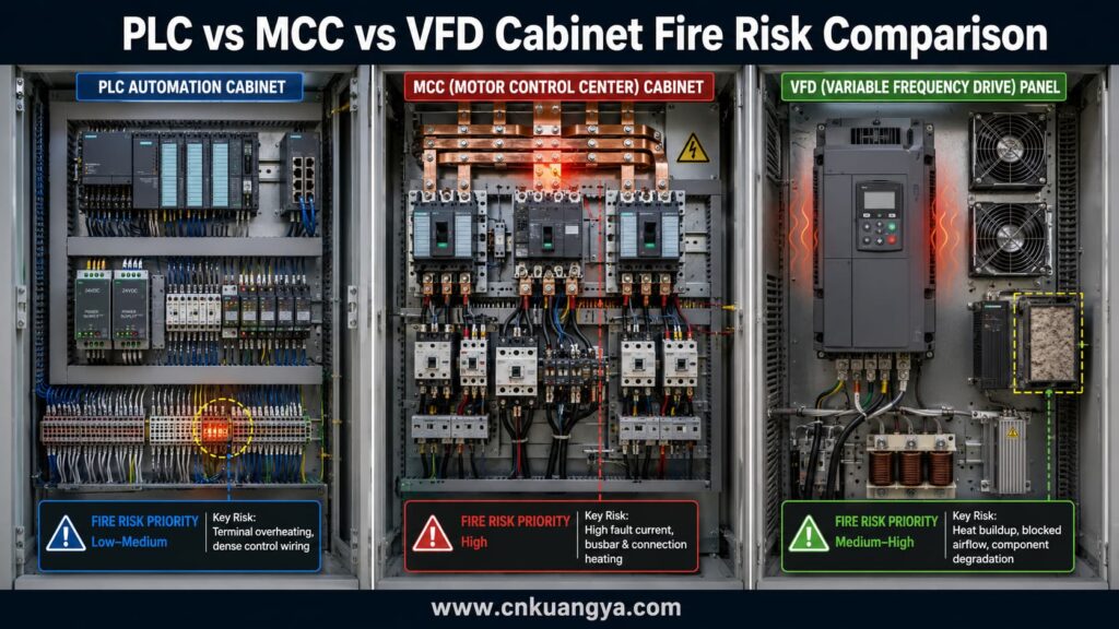PLC cabinet, MCC and VFD panel fire risk comparison