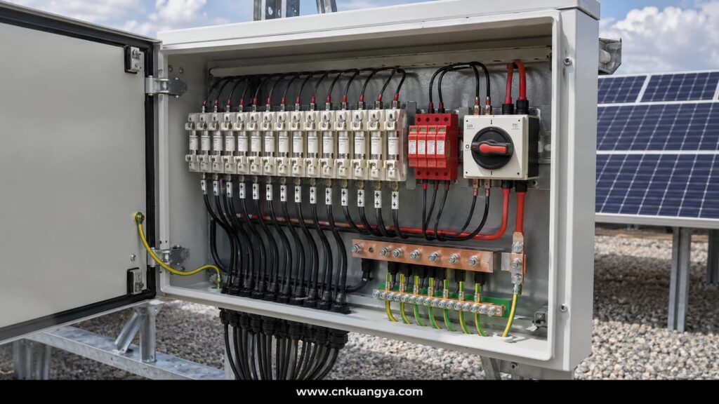 PV combiner box showing coordinated gPV fuse, DC SPD and DC isolator protection