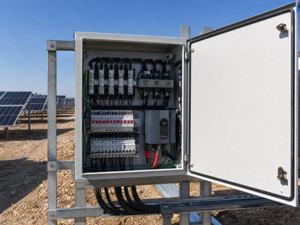 	PV combiner box with DC fuses, SPD, and motorized circuit breaker installed in a solar farm
