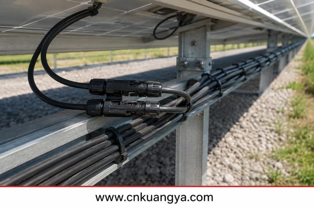 Safe PV DC cable routing and compatible solar connector installation