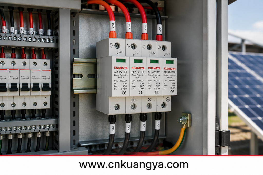 PV DC surge protective device installed with short direct connection conductors