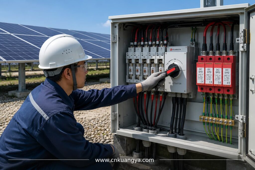 Electrician using a DC isolator for safe solar PV maintenance and disconnection