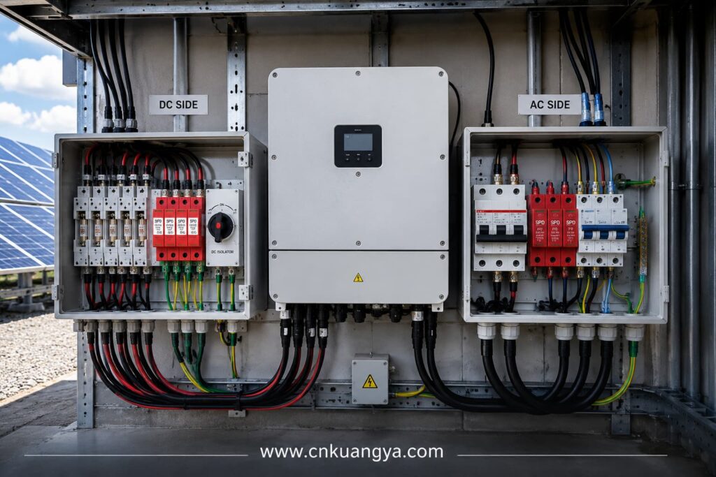 Solar inverter protection with coordinated DC-side and AC-side electrical protection