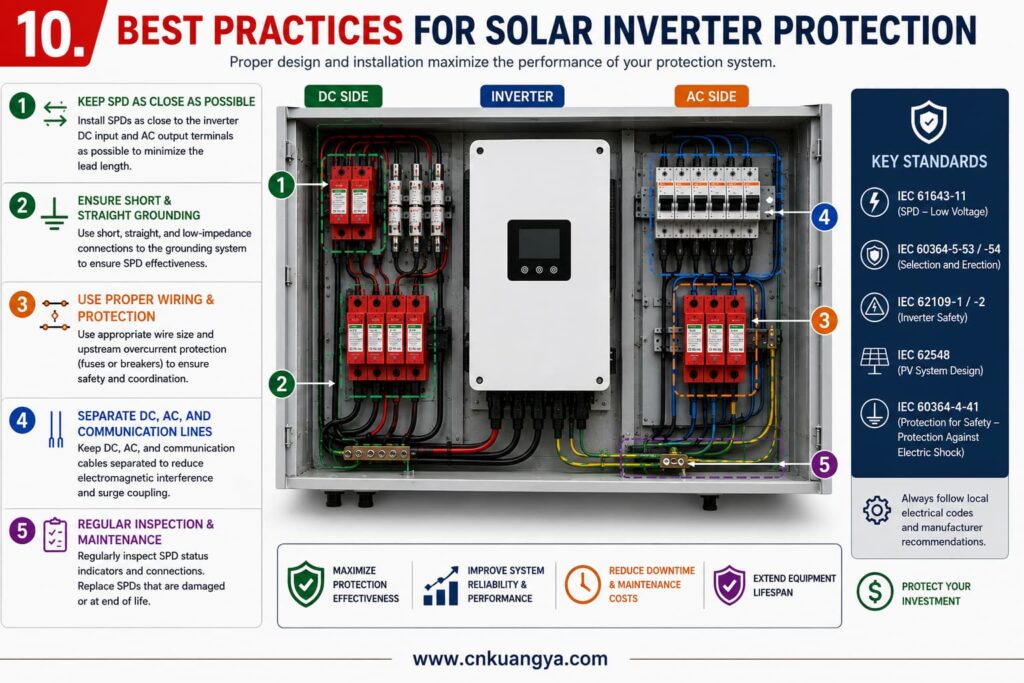 Post-storm inspection of solar inverter SPD status, grounding and fault logs