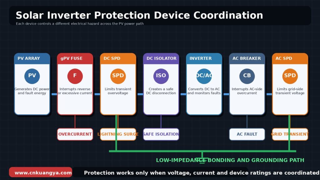 Coordinated sequence of gPV fuse, DC SPD, isolator, inverter, breaker and AC SPD