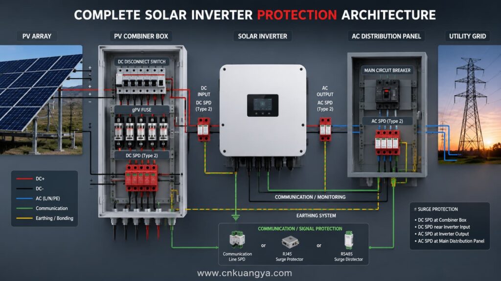 Solar inverter protection architecture with DC SPD, gPV fuse, AC SPD and communication protection