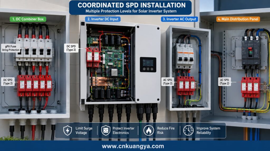 Solar Inverter SPD installation on the DC input and AC output sides of a PV inverter