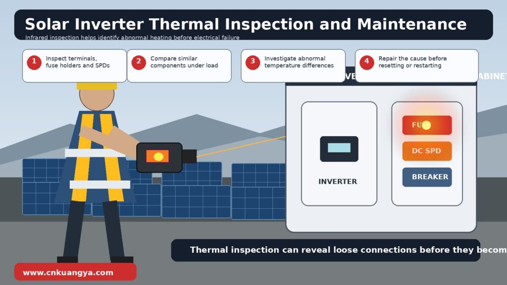 Engineer using thermal imaging to inspect solar inverter protection components for overheating