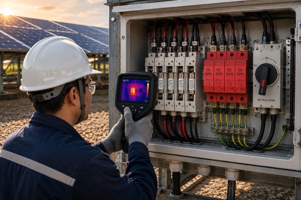 Thermal inspection detecting overheating inside a solar PV combiner box