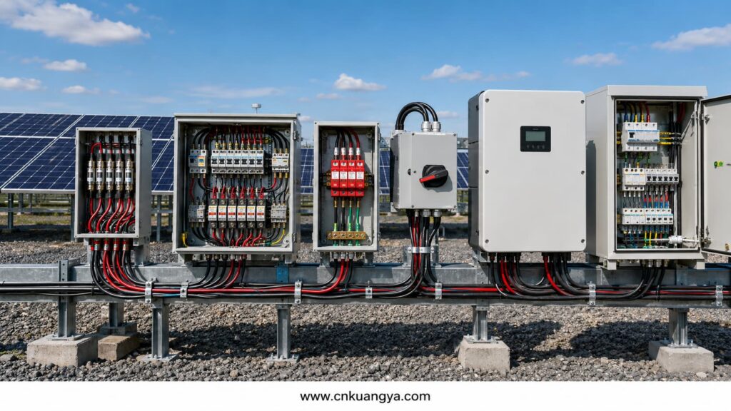 Solar PV electrical protection architecture from PV strings to inverter and AC distribution