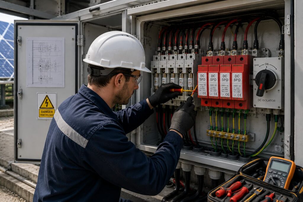 Engineer reviewing a complete solar PV electrical protection system checklist