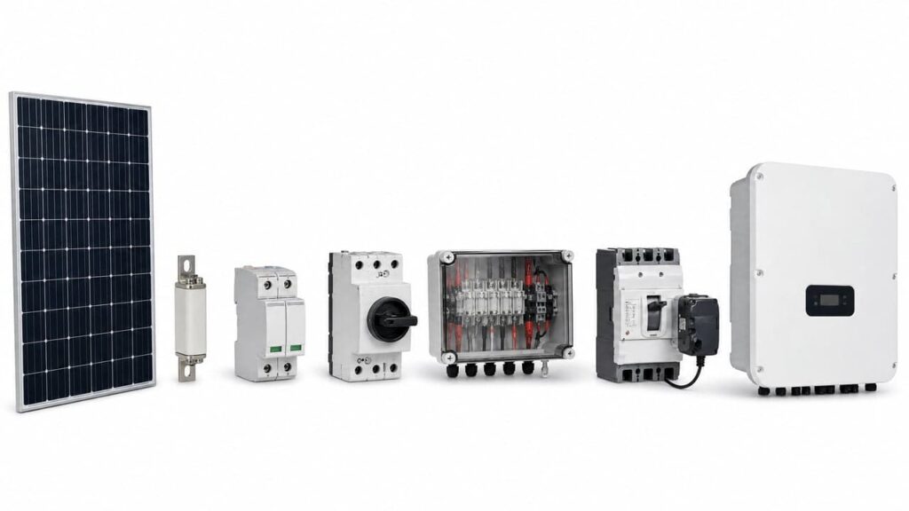 Complete solar PV electrical protection system from panels to inverter showing fuses, SPD, isolator, combiner box, and motorized breaker