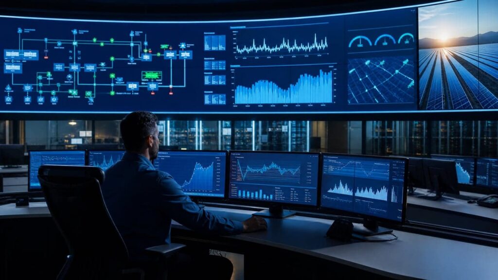 Solar PV plant SCADA control room with real-time monitoring of motorized breaker status and power flow