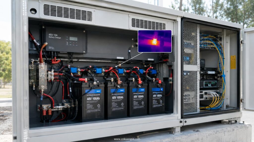 Telecom battery protection with terminal fuse, temperature monitoring and safe cable routing
