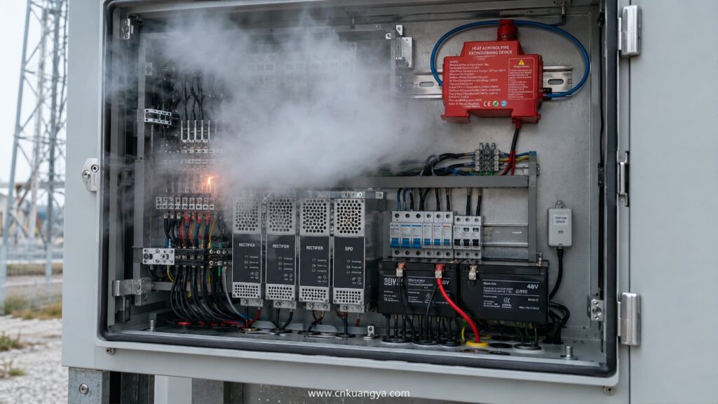 Automatic aerosol fire suppression for an outdoor telecom cabinet