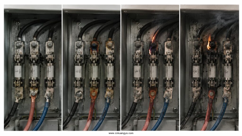 Loose terminal overheating and electrical arcing inside a telecom cabinet