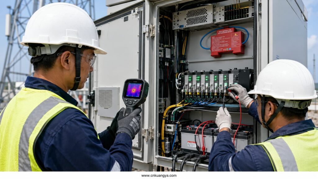 Engineer performing thermal inspection and maintenance on an outdoor telecom cabinet